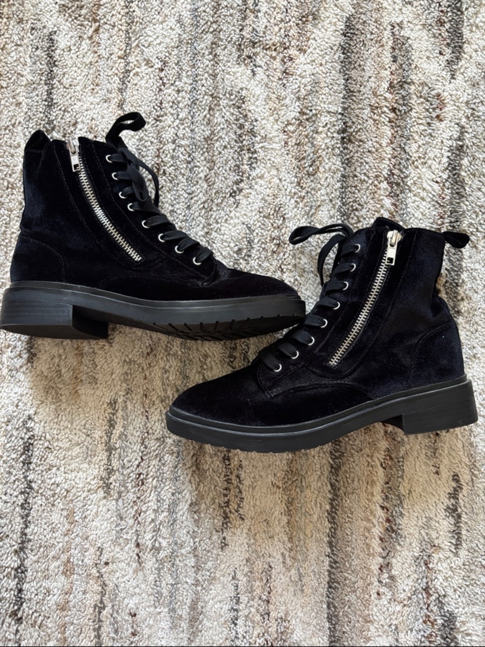 American Eagle Outfitters Black Velvet Lace-Up Zip Combat Boots